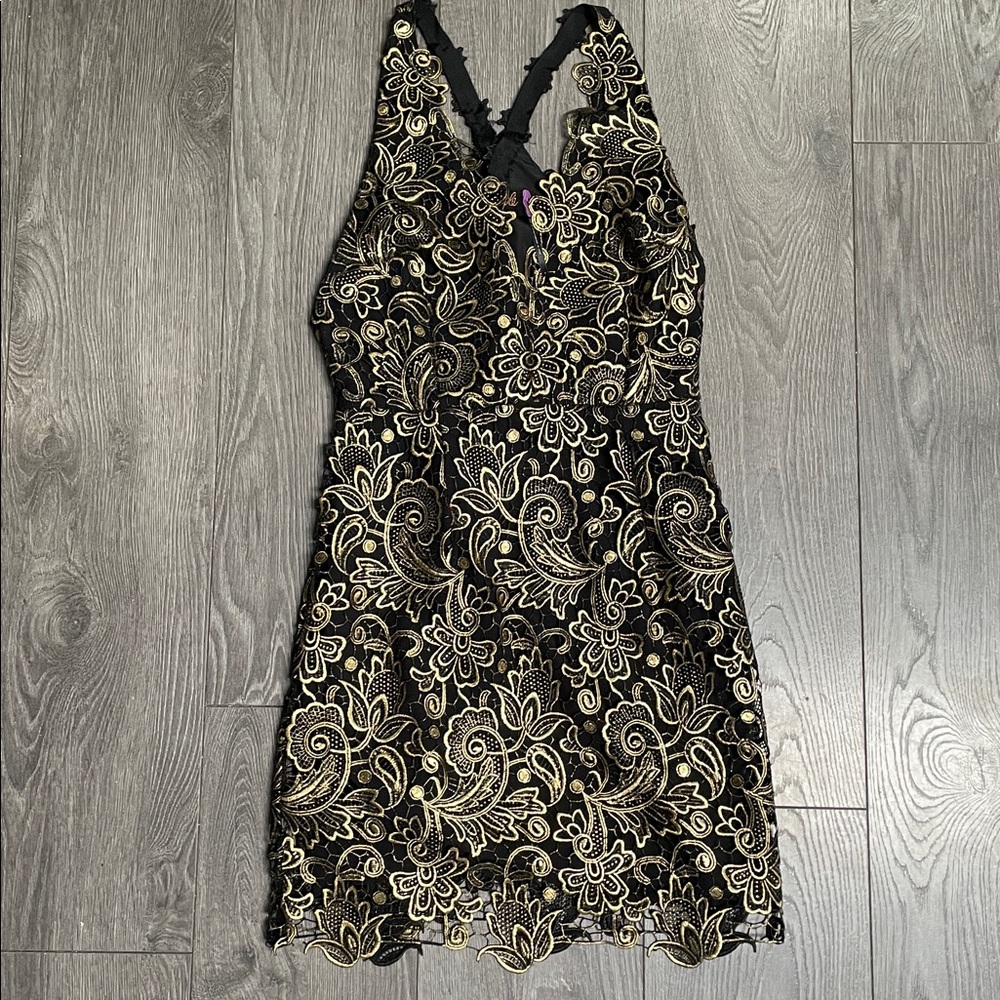 FREE PEOPLE lace gold black mini Dress size 4
